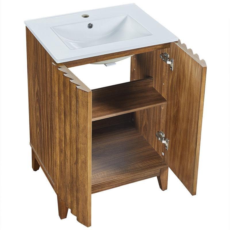 Kahverengi Meşe Masif ve Endüstriyel Ahşap Yavaş Kapanır Çift Kapaklı Ayaklı Banyo Lavabo Dolabı - 61 cm - 198611