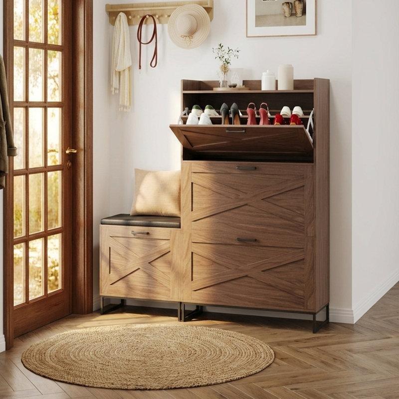 Kahverengi Meşe Puflu 4 Düşer Kapaklı Metal Ayaklı Ayakkabılık - 126x30x135 cm - 227393