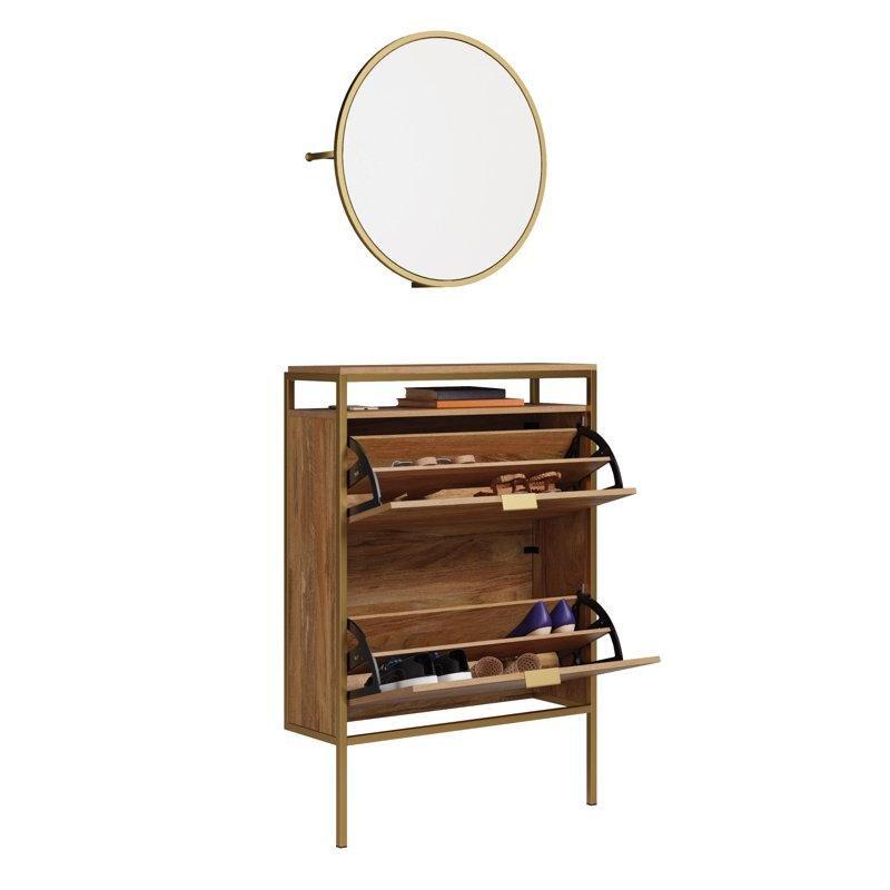 Kahverengi Metal Çerçeveli Ahşap Aynalı Duvara Monte Düşer Kapaklı Ayakkabılık - 77 cm - 230444