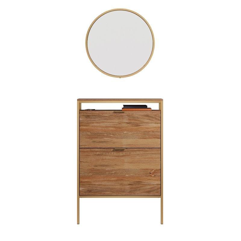 Kahverengi Metal Çerçeveli Ahşap Aynalı Duvara Monte Düşer Kapaklı Ayakkabılık - 77 cm - 230444