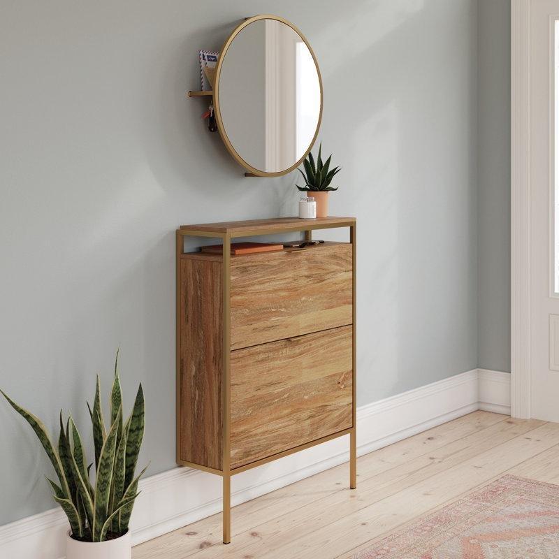 Kahverengi Metal Çerçeveli Ahşap Aynalı Duvara Monte Düşer Kapaklı Ayakkabılık - 77 cm - 230444
