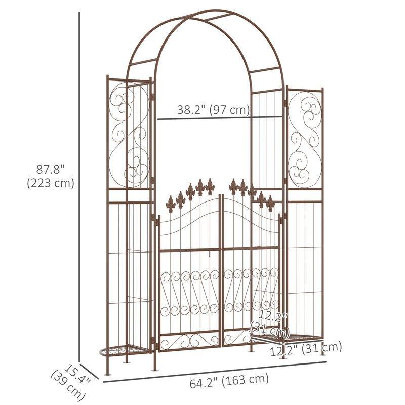 Kahverengi Metal Çift Kapılı Bitki Raflı Kemerli Bahçe Kapısı - 163x223 cm - 173016