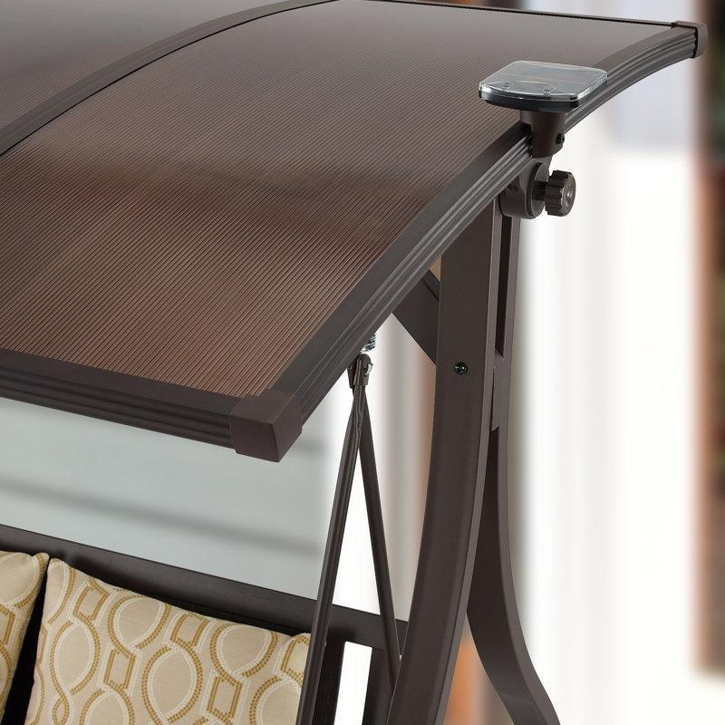 Kahverengi Metal Gölgelikli ve Solar LED Işıklı İki Kişilik Balkon Salıncağı - 178 cm - 174104