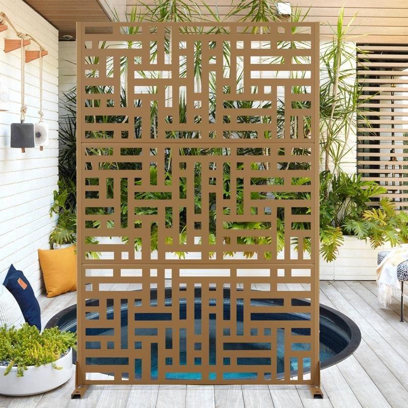 Kahverengi Metal Lazer Kesim Desenli Ayaklı 3 Panelli Bahçe Paravanı - 183x122 cm - 172712