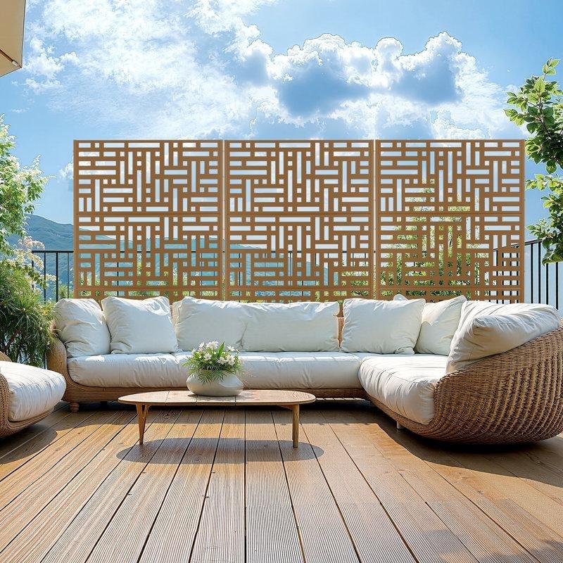 Kahverengi Metal Lazer Kesim Desenli Ayaklı 3 Panelli Bahçe Paravanı - 183x122 cm - 172712