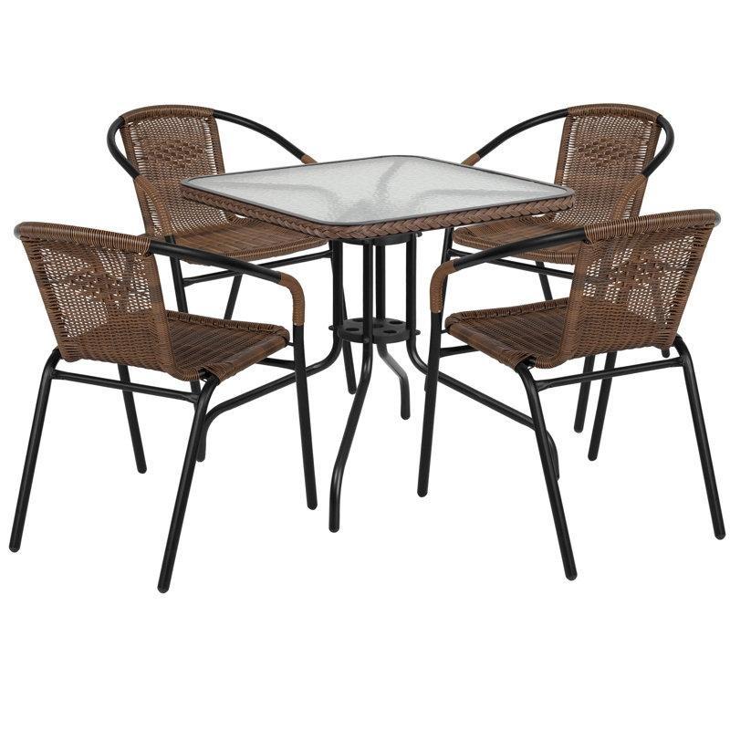 Kahverengi Metal Rattan Kenarlı Cam Kare Bahçe Masa Takımı - 72x72 cm - 216466