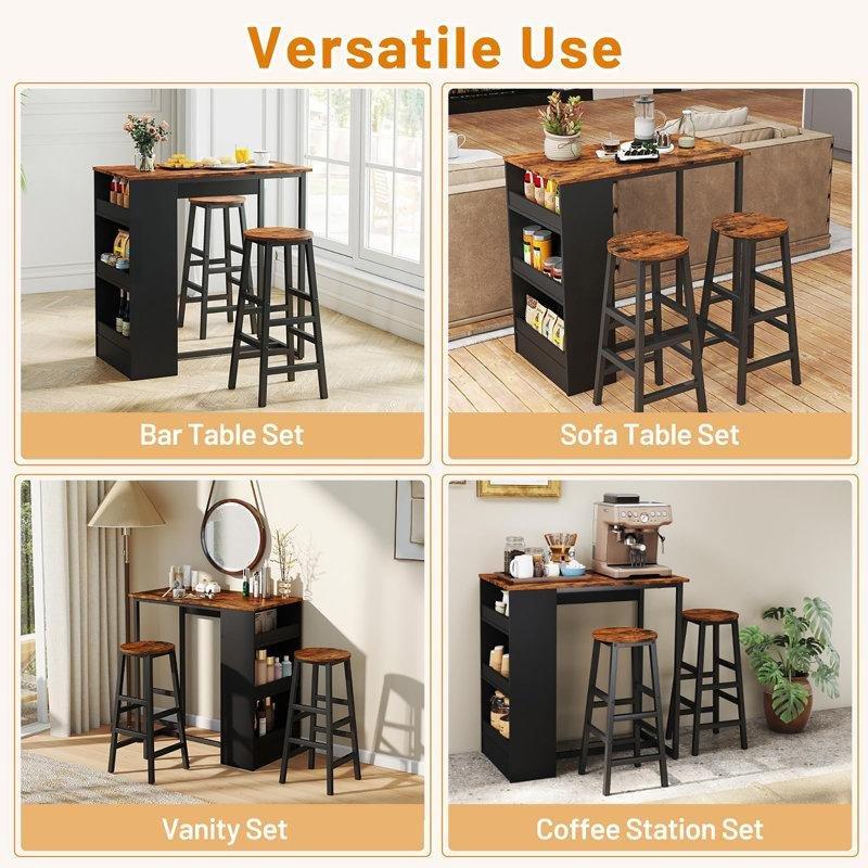 Kahverengi Metal ve Ahşap 3 Raflı Endüstriyel Bar Masası Seti - 232012