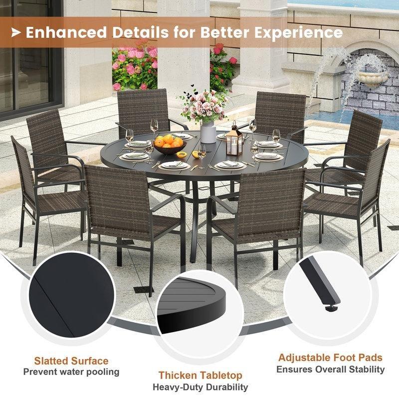 Kahverengi Metal ve Rattan 8 Kişilik Yuvarlak Şemsiye Delikli Bahçe Masa Takımı - 153 cm - 217215