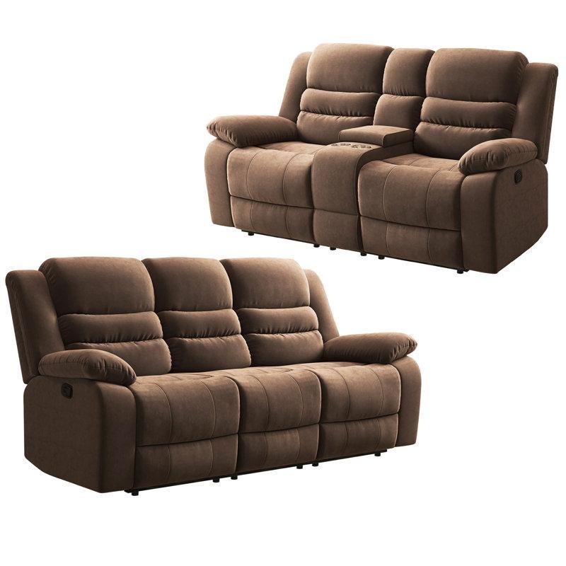 Kahverengi Mikrofiber Manuel Mekanizmalı Bardaklıklı ve Saklama Bölmeli Koltuk Takımı - 191502