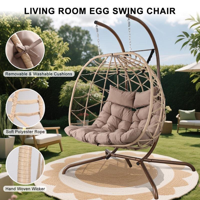 Kahverengi Minderli PVC Hasır Çift Kişilik Ayaklı Balkon Salıncağı - 149x91 cm - 174193