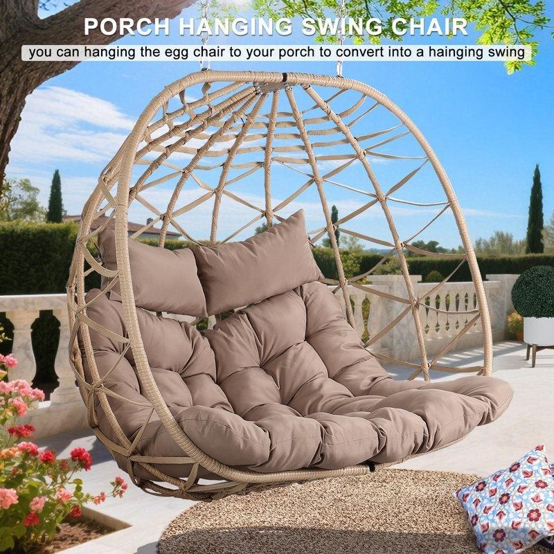 Kahverengi Minderli PVC Hasır Çift Kişilik Ayaklı Balkon Salıncağı - 149x91 cm - 174193