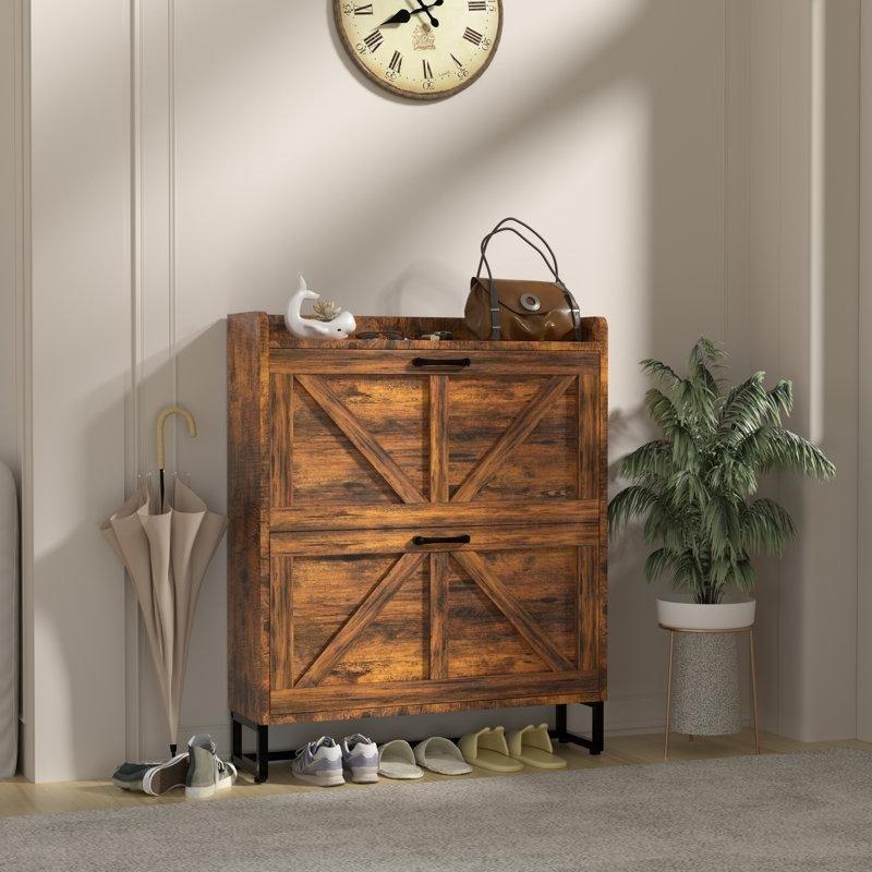 Kahverengi Ok Desenli Sunta ve MDF Düşer Kapaklı Ayakkabılık - 81x25x102 cm - 227546