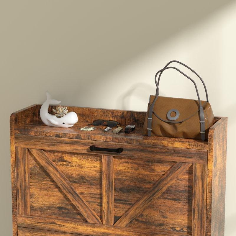 Kahverengi Ok Desenli Sunta ve MDF Düşer Kapaklı Ayakkabılık - 81x25x102 cm - 227546