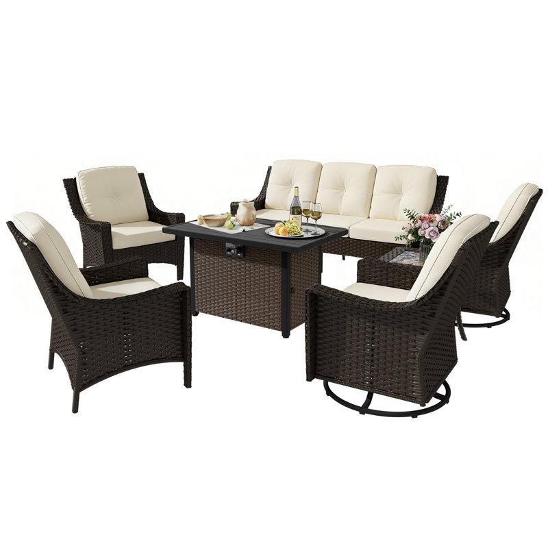 Kahverengi PE Rattan 7 Parça Gazlı Ateş Çukurlu ve Döner Sallanır Sandalyeli Bahçe Takımı - 211868