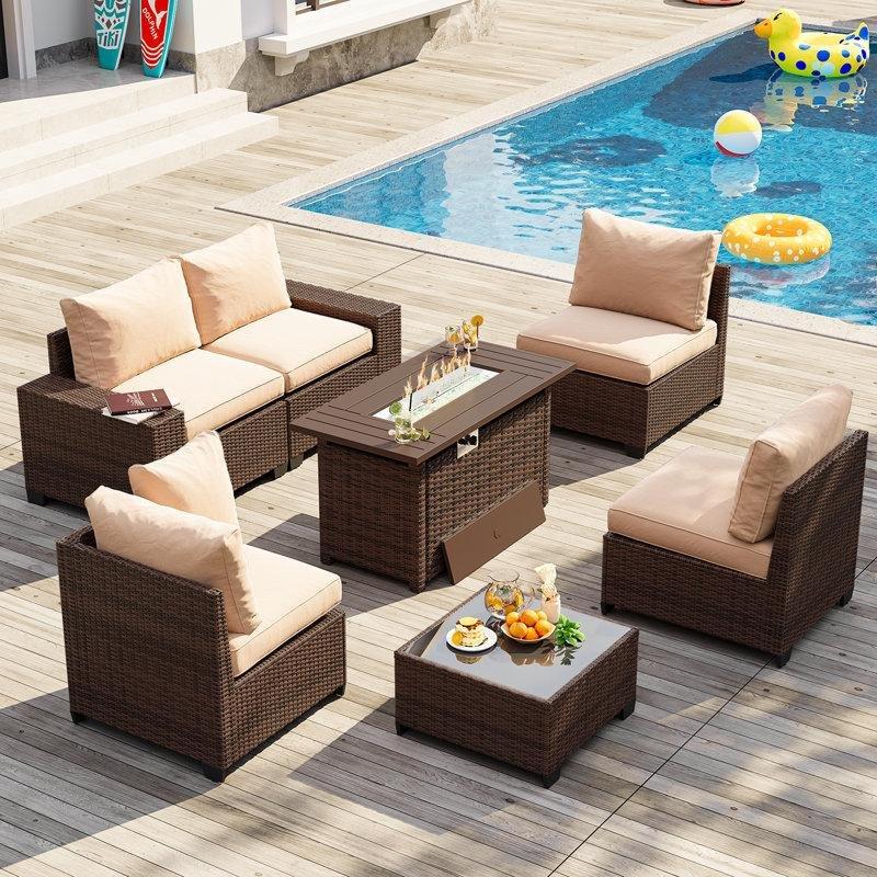 Kahverengi PE Rattan Ateş Çukurlu Modüler 7 Parça Bahçe Takımı - 211889