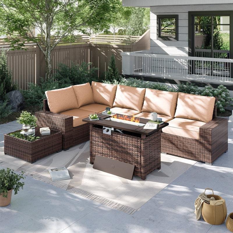 Kahverengi PE Rattan Ateş Çukurlu Modüler 7 Parça Bahçe Takımı - 211889