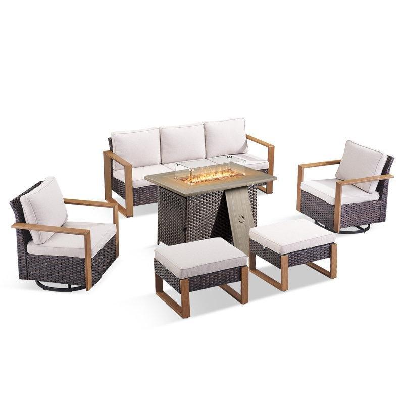 Kahverengi PE Rattan Ateş Çukurlu ve Döner Sandalyeli 6 Parça Bahçe Takımı - 211635