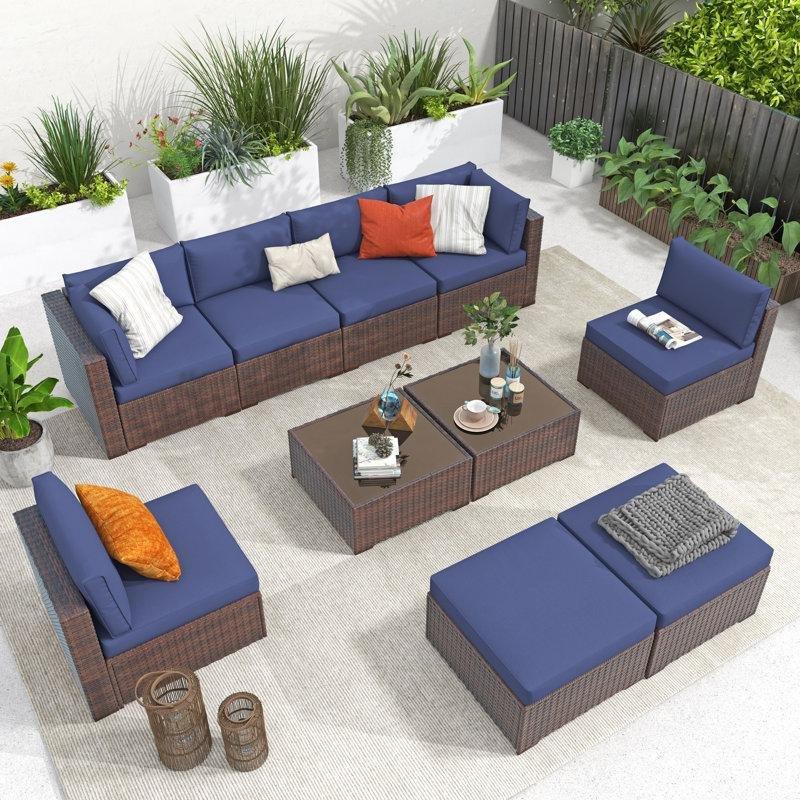 Kahverengi PE Rattan Lacivert Minderli 8 Kişilik Modüler Bahçe Takımı - 213054