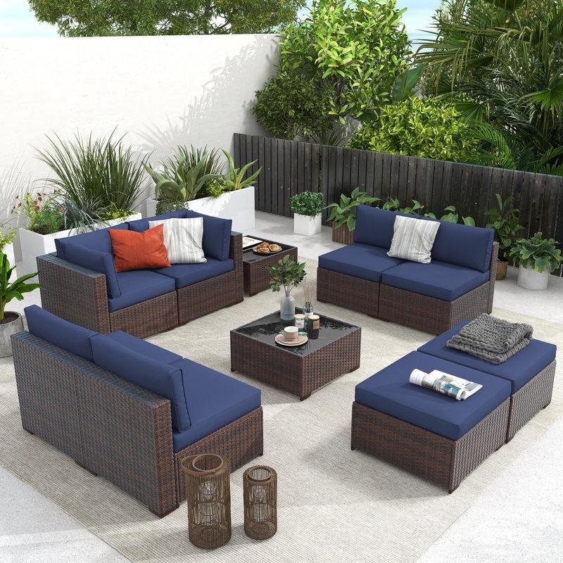 Kahverengi PE Rattan Lacivert Minderli 8 Kişilik Modüler Bahçe Takımı - 213054