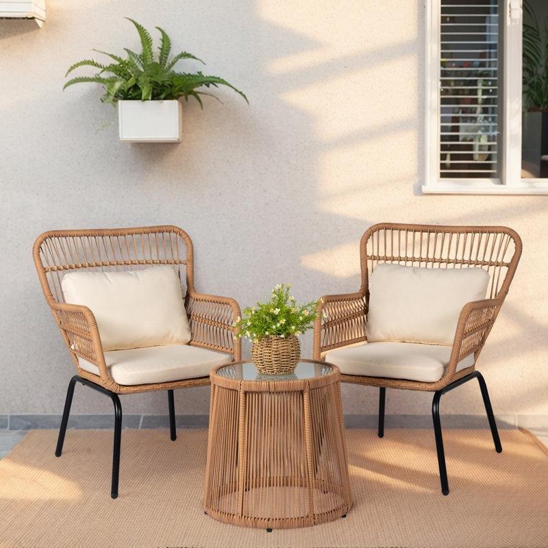 Kahverengi PE Rattan Minderli Cam Tablalı 2 Kişilik Bahçe Oturma Grubu - 174856