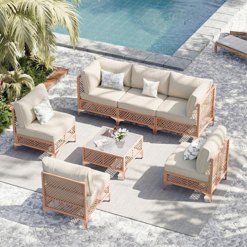 Kahverengi PE Rattan Modüler 6 Kişilik Minderli Bahçe Takımı - 209284