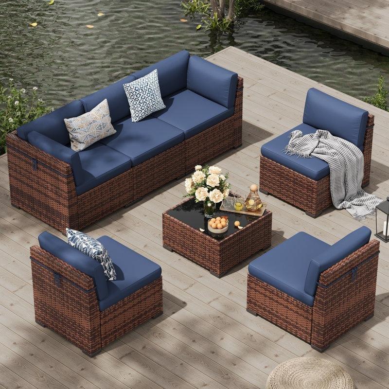 Kahverengi PE Rattan Modüler 6 Kişilik Minderli Bahçe Takımı - 210045