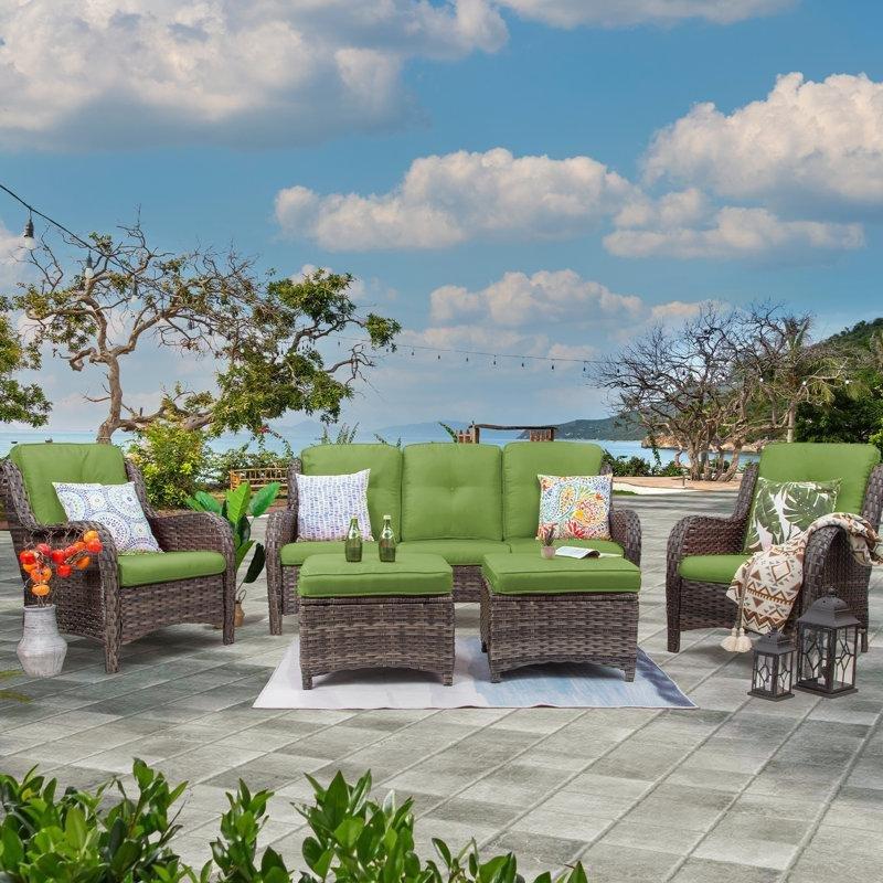 Kahverengi PE Rattan Yeşil Minderli 7 Kişilik 5 Parça Bahçe Takımı - 209479