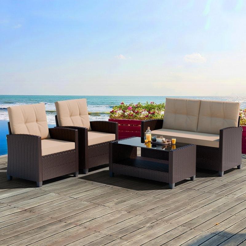 Kahverengi Polietilen Rattan Minderli 4 Kişilik Cam Tablalı Bahçe Takımı - 212481
