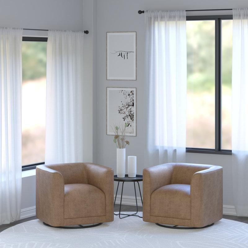 Kahverengi Polyester Döner Masif Ahşap Tekli Koltuk 2li Set - 204479