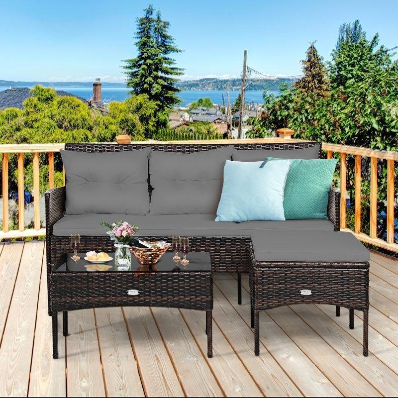 Kahverengi Rattan Cam Tablalı Minderli 4 Kişilik Bahçe Takımı - 210546