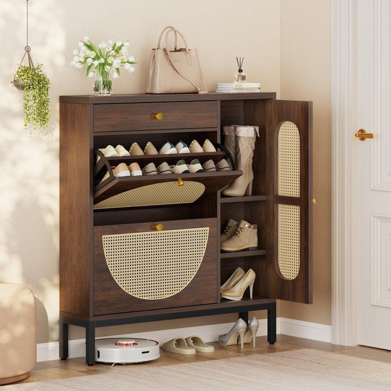 Kahverengi Rattan Çekmeceli Düşer Kapaklı Metal Ayaklı Ahşap Ayakkabılık - 101 cm - 230363