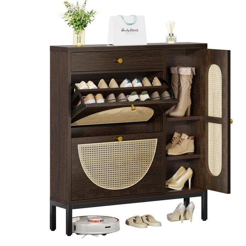 Kahverengi Rattan Çekmeceli Düşer Kapaklı Metal Ayaklı Ahşap Ayakkabılık - 101 cm - 230363