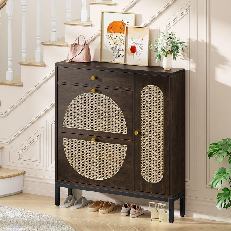 Kahverengi Rattan Çekmeceli Düşer Kapaklı Metal Ayaklı Ahşap Ayakkabılık - 101 cm - 230363