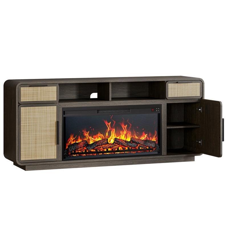 Kahverengi Rattan Kapaklı Ahşap Çekmeceli Şömineli TV Ünitesi - 173 cm - 220717