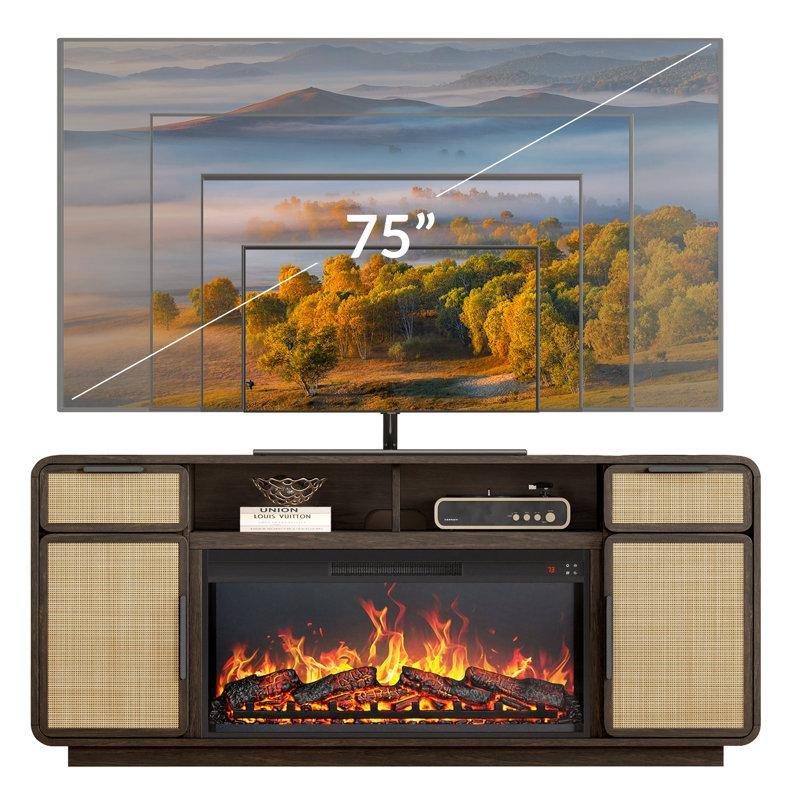Kahverengi Rattan Kapaklı Ahşap Çekmeceli Şömineli TV Ünitesi - 173 cm - 220717