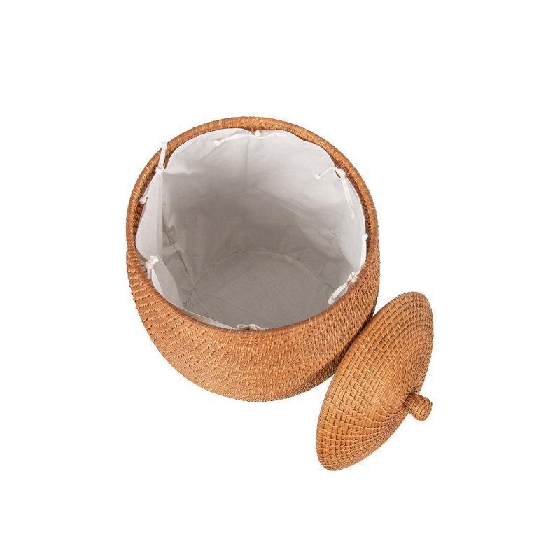 Kahverengi Rattan Kapaklı Çıkarılabilir Astarlı Yuvarlak Çamaşır Sepeti - 61x49 cm - 187751