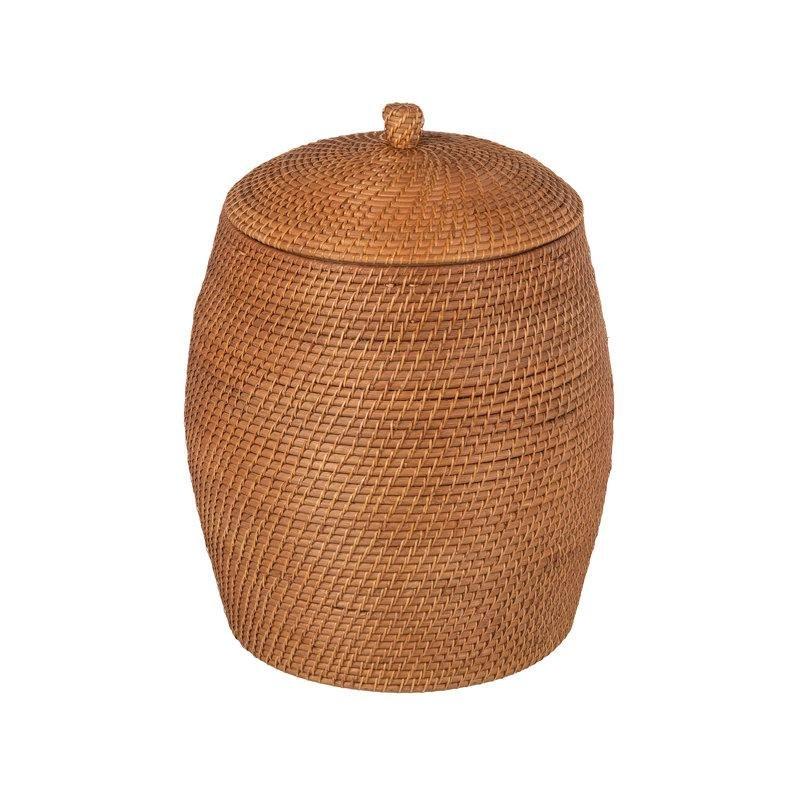 Kahverengi Rattan Kapaklı Çıkarılabilir Astarlı Yuvarlak Çamaşır Sepeti - 61x49 cm - 187751