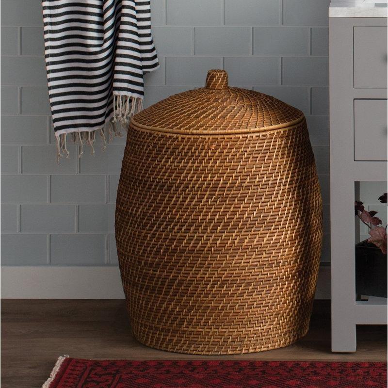Kahverengi Rattan Kapaklı Çıkarılabilir Astarlı Yuvarlak Çamaşır Sepeti - 61x49 cm - 187751