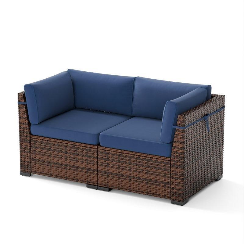 Kahverengi Rattan Mavi Minderli 2li Set Köşe Bahçe Sandalyesi - 71x71 cm - 174943