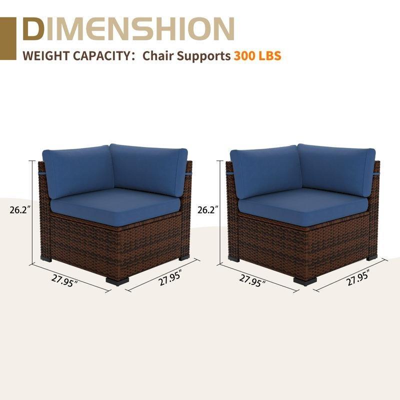 Kahverengi Rattan Mavi Minderli 2li Set Köşe Bahçe Sandalyesi - 71x71 cm - 174943