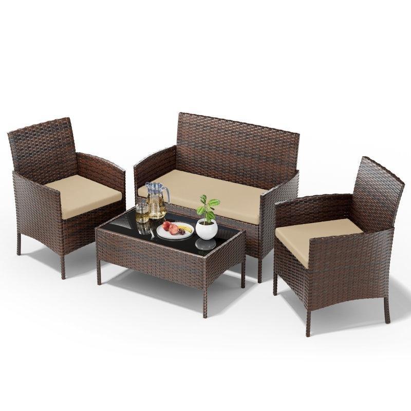 Kahverengi Rattan Minderli 4 Kişilik Bahçe Takımı - 211989