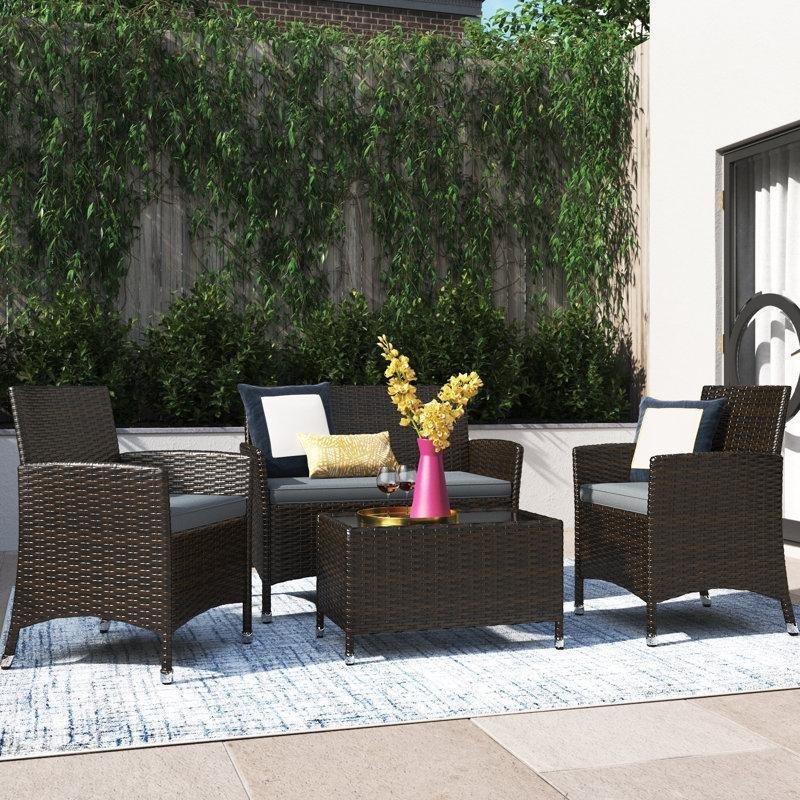 Kahverengi Rattan Minderli Cam Tablalı 4 Kişilik Bahçe Takımı - 212279