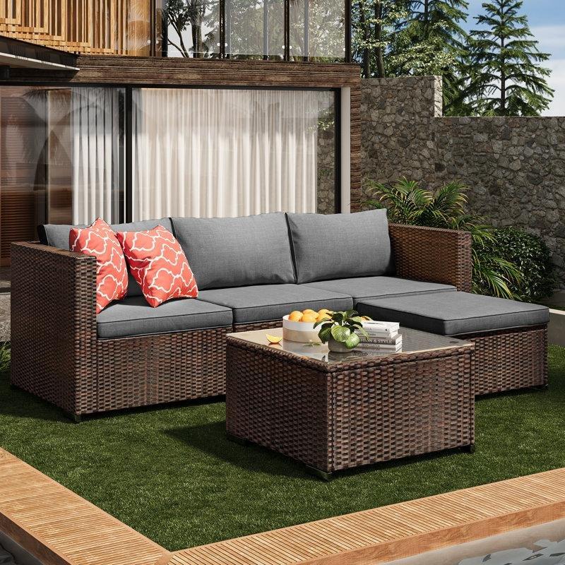 Kahverengi Rattan Modüler 3 Kişilik Minderli Bahçe Takımı - 204 cm - 212742