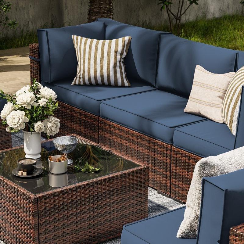 Kahverengi Rattan Modüler 6 Kişilik Minderli Cam Tablalı Bahçe Takımı - 212706