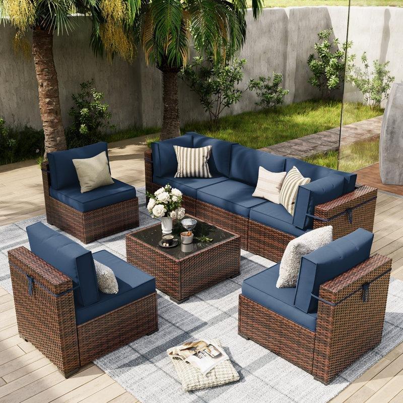 Kahverengi Rattan Modüler 6 Kişilik Minderli Cam Tablalı Bahçe Takımı - 212706