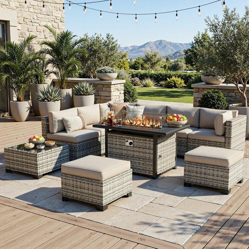 Kahverengi Rattan Modüler Ateş Çukurlu Bahçe Takımı - 210188