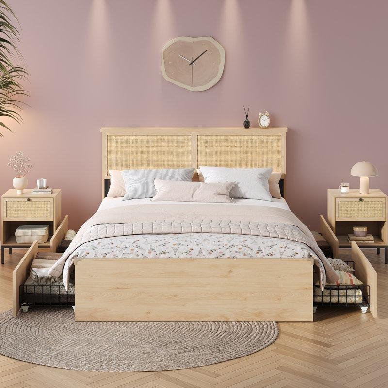 Kahverengi Rattan ve Ahşap 4 Çekmeceli Bohem Yatak Odası - 158x218 cm - 182343