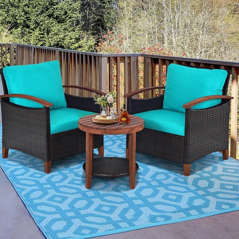 Kahverengi Rattan ve Akasya Ahşap Minderli 2 Kişilik Bahçe Takımı - 210833