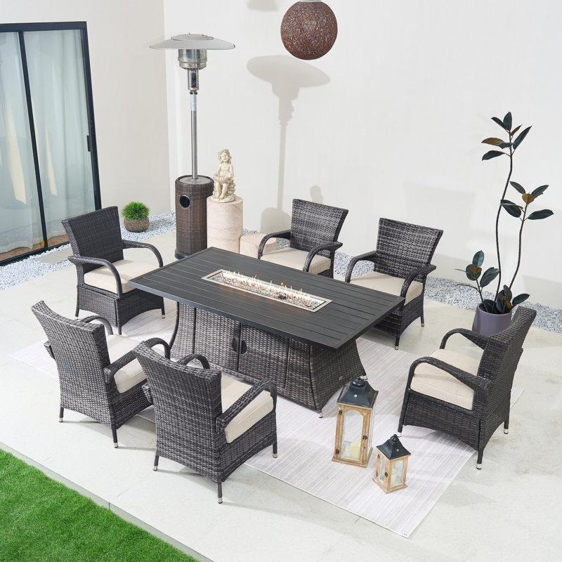 Kahverengi Rattan ve Alüminyum Ateş Çukurlu Minderli 6 Kişilik Bahçe Masa Takımı - 216055
