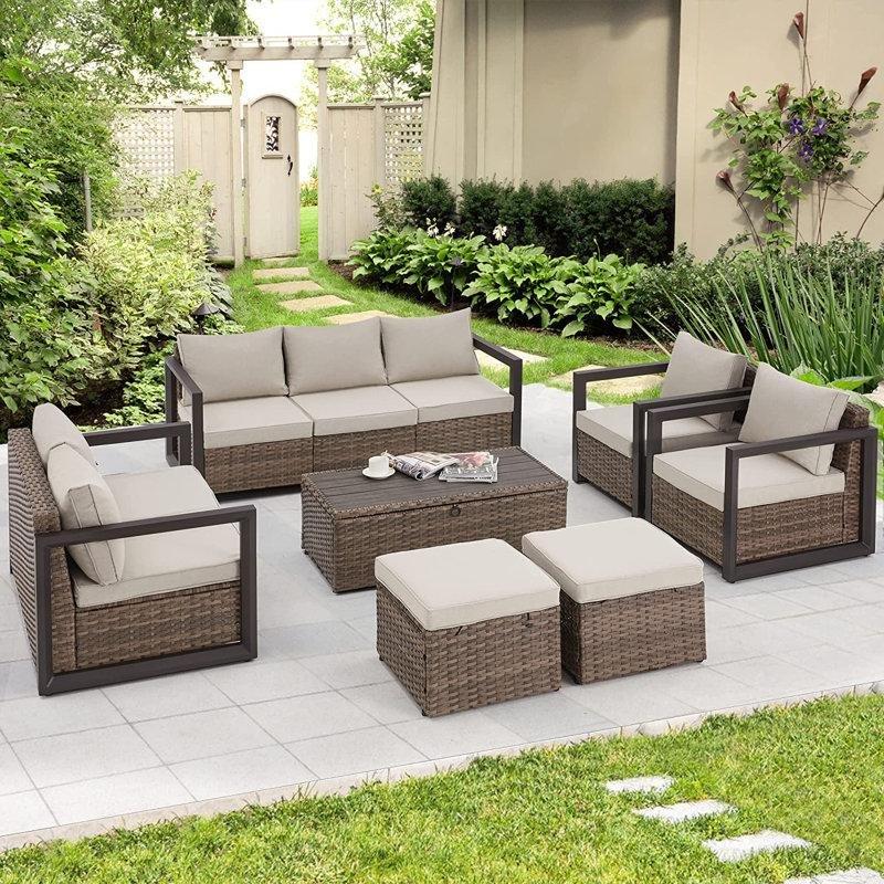 Kahverengi Rattan ve Alüminyum Minderli Depolamalı 7 Kişilik Bahçe Takımı - 209607